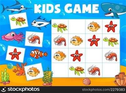 Underwater cartoon animals sudoku game vector worksheet, block puzzle, riddle or quiz on blue sea background. Kids education maze with funny whale, sea turtle, shrimp or prawn, clownfish and starfish. Underwater cartoon animals sudoku game worksheet