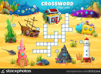 Underwater cartoon house buildings. Crossword quiz game grid. Kids vocabulary puzzle or riddle, wordsearch crossword vector worksheet with submarine, sea shell, lighthouse and sunken ship dwellings. Underwater cartoon house buildings crossword game