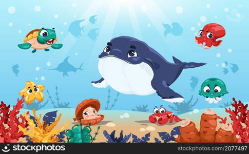 Underwater cartoon landscape. Summer sea and ocean scene with cute adorable fish. Funny octopus, jellyfish and seaweeds, little turtle and big whale with eyes and faces. Vector ocean world background. Underwater cartoon landscape. Summer sea and ocean scene with cute adorable fish. Funny octopus, jellyfish and seaweeds, little turtle and big whale. Vector ocean world background