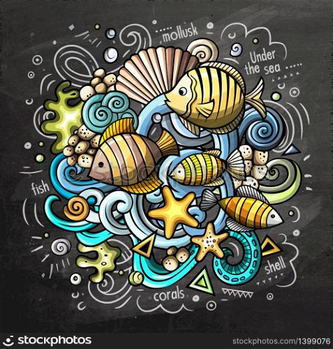Underwater cartoon vector doodle illustration. Chalkboard colorful detailed design with lot of objects and symbols. All elements separate. Underwater cartoon vector doodle chalkboard illustration