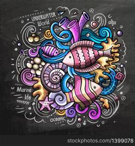 Underwater cartoon vector doodle illustration. Chalkboard colorful detailed design with lot of objects and symbols. All elements separate. Underwater cartoon vector doodle chalkboard illustration