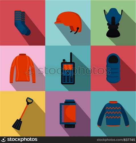Underwater clothing icons set. Flat set of 9 underwater clothing vector icons for web isolated on white background. Underwater clothing icons set, flat style