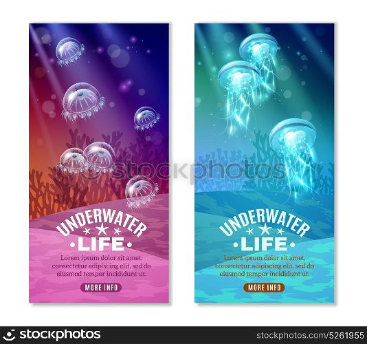 Underwater Colorful Banners Set. Underwater world colorful vertical banners set with transparent purple turquoise blue marine creatures isolated vector illustration