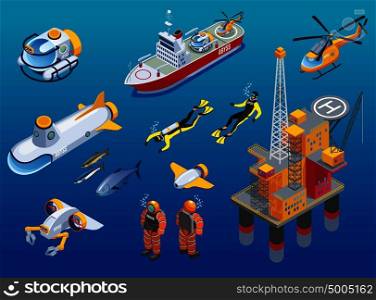 Underwater depths research isometric icons with scientific station, divers, ship, submarine and unmanned equipment isolated vector illustration. Underwater Depths Research Isometric Icons 