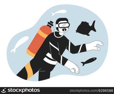 Underwater diving concept hero image. Scuba diver exploring sealife 2D cartoon outline character on white background. Snorkeler isolated black and white illustration. Vector art for web design ui. Underwater diving concept hero image