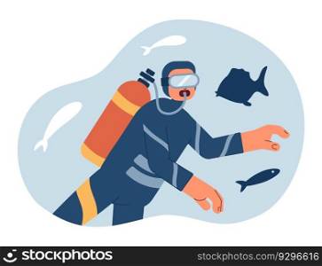 Underwater diving conceptual hero image. Scuba diver exploring sealife 2D cartoon character on white background. Snorkeler with air tank isolated concept illustration. Vector art for web design ui. Underwater diving conceptual hero image