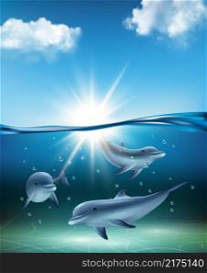 Underwater dolphin. Ocean kind swimming big fishes dolphins playing sea life decent vector realistic background marine collection fauna. Illustration dolphin underwater life, marine nature. Underwater dolphin. Ocean kind swimming big fishes dolphins playing sea life decent vector realistic background marine collection fauna