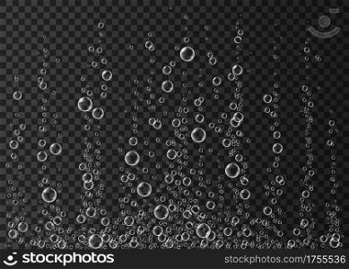 Underwater fizzing air bubbles on transparent background. Fizzy sparkles in water, sea, aquarium, ocean. Liquid texture. Undersea vector illustration.