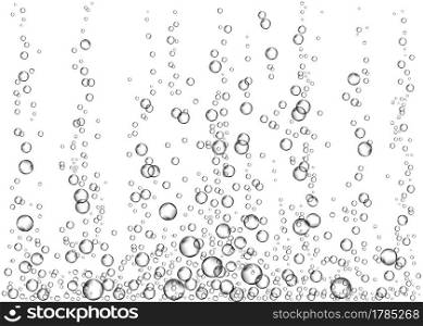 Underwater fizzing air bubbles on white background. Soda pop. Fizzy sparkles in water, aquarium. Effervescent drink. Undersea vector texture.