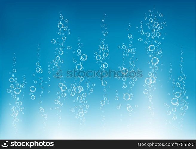 Underwater fizzing air, water or oxygen bubbles on blue background. Fizzy sparkles in sea, aquarium. Fizz. Undersea vector texture with rays of sunlight.