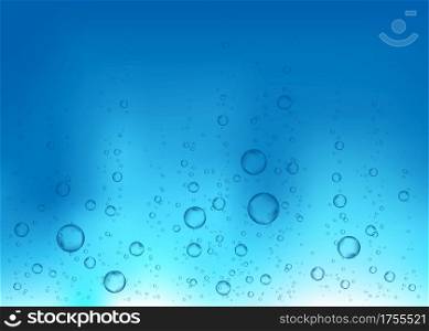 Underwater fizzing air, water or oxygen bubbles on blue background. Fizzy sparkles in sea, aquarium. Fizz. Undersea vector texture with rays of sunlight.