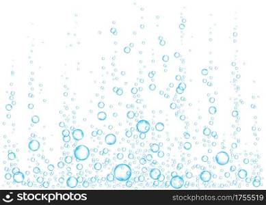 Underwater fizzing air, water or oxygen bubbles on white background. Effervescent drink. Fizzy sparkles in sea, aquarium. Soda pop. Undersea vector texture.
