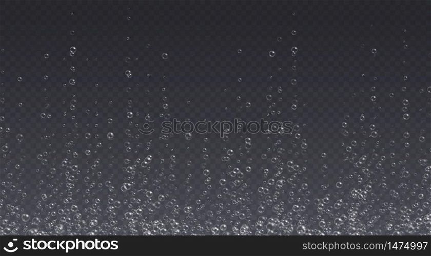 Underwater fizzing bubbles, soda or champagne carbonated drink, sparkling water isolated on a dark background. Effervescent drink. Aquarium, sea, ocean bubbles vector illustration.. Underwater fizzing bubbles, soda or champagne carbonated drink, sparkling water isolated on dark background.