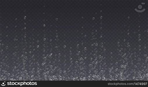 Underwater fizzing bubbles, soda or champagne carbonated drink, sparkling water isolated on a dark background. Effervescent drink. Aquarium, sea, ocean bubbles vector illustration.. Underwater fizzing bubbles, soda or champagne carbonated drink, sparkling water isolated on dark background.