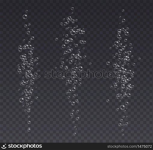 Underwater fizzing bubbles, soda or champagne carbonated drink, sparkling water isolated on a dark background. Effervescent drink. Aquarium, sea, ocean bubbles vector illustration.. Underwater fizzing bubbles, soda or champagne carbonated drink, sparkling water isolated on a dark background.