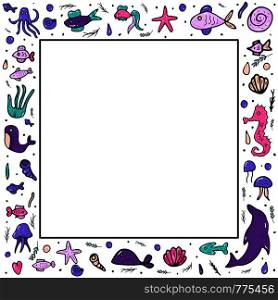Underwater frame in doodle style. Square border with empty space for text. Vector illustration.