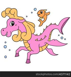 underwater horse animals swimming with small goldfish