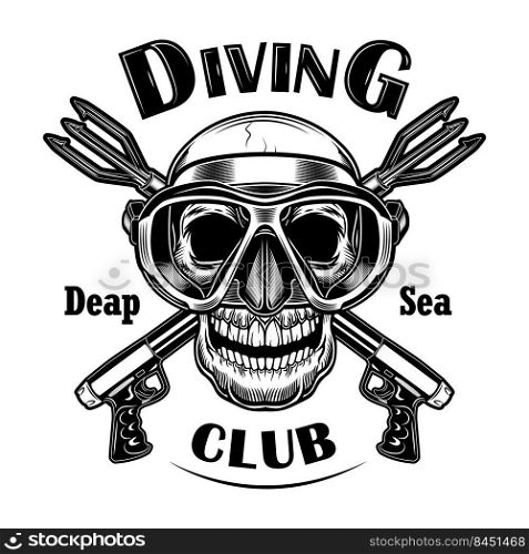 Underwater hunter vector illustration. Skull in mask with crossed stun guns, deep sea text. Seaside activity concept for diving club emblems or labels templates