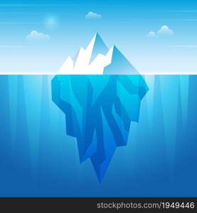 Underwater iceberg. Flowing ice rock in ocean water frozen mountain recent vector background. Illustration north ice under ocean, iceberg cold polygon. Underwater iceberg. Flowing ice rock in ocean water frozen mountain recent vector background