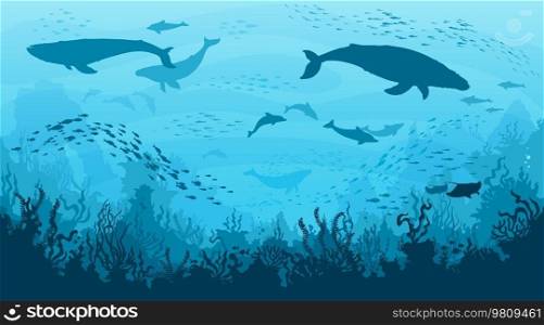 Underwater landscape, whales and dolphins in undersea, vector ocean deep background. Sperm whale and manta, seaweeds and corals with fish shoal silhouettes on ocean bottom or sea landscape. Underwater landscape, whales, dolphins in undersea