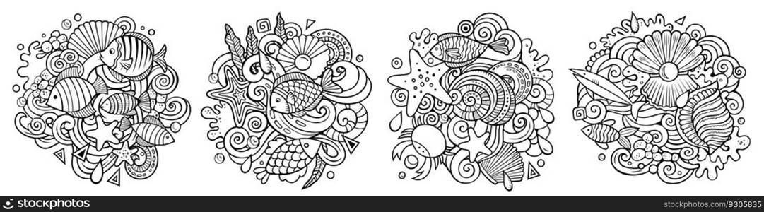 Underwater life cartoon vector doodle designs set. Sketchy detailed compositions with lot of sealife objects and symbols. Isolated on white illustrations. Underwater life cartoon vector doodle designs set.