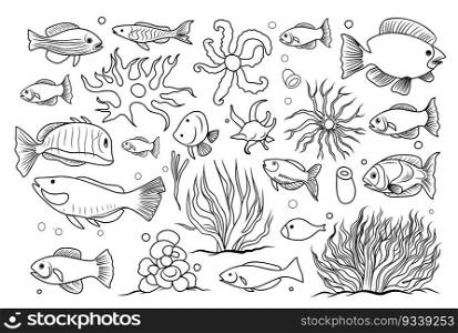 Underwater life coloring page. cartoon elements of the seabed linear illustration for coloring.. Underwater life coloring page. cartoon elements of the seabed linear illustration for coloring