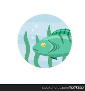 Underwater life. Wildlife icon in circle. Element of fishing. Cartoon flat illustration. Water with algae.. Set of fish. River animal with scales