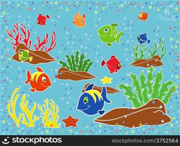 Underwater marine life. Fishes, coral, starfish and seaweed on the seabed. Hand drawing vector illustration