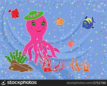 Underwater marine life. Funny Octopus, fishes, coral and seaweed on the seabed. Hand drawing vector illustration