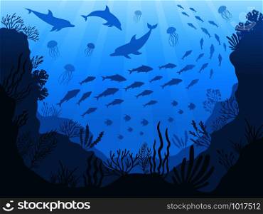 Underwater ocean fauna. Deep sea plants, fishes and animals. Marine seaweed, fish under water and animal silhouette with corals, algae seaweed cartoon vector background illustration. Underwater ocean fauna. Deep sea plants, fishes and animals. Marine seaweed, fish and animal silhouette vector background illustration