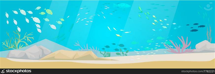 Underwater ocean fauna with exotic fishes. Ocean bottom with marine life reprsentatives. Marine underwater world with school of tropical fish. Seascape, undersea landscape vector illustration. Underwater ocean world with exotic fishes. Ocean bottom with marine life, school of tropical fish