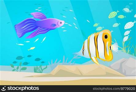 Underwater ocean fauna with exotic fishes. Ocean bottom with marine life reprsentatives. Marine underwater world with school of tropical fish. Seascape, undersea landscape vector illustration. Underwater ocean world with exotic fishes. Ocean bottom with marine life, school of tropical fish