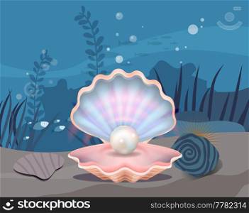 Underwater ocean fauna with fishes and seaweed. Ocean bottom with marine life reprsentatives. Marine underwater world vector illustration. Seafloor, undersea, seabed with huge shell and pearl. Seafloor, undersea, seabed with huge shell and pearl. Underwater ocean fauna, bottom of sea