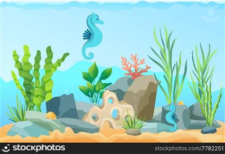 Underwater ocean fauna with sea horses and seaweed. Ocean bottom with marine life reprsentatives. Underwater world vector illustration. Seafloor, undersea, seabed with marine plants and animals. Ocean bottom, seabed with marine plants and animals. Underwater world with sea horses and seaweed