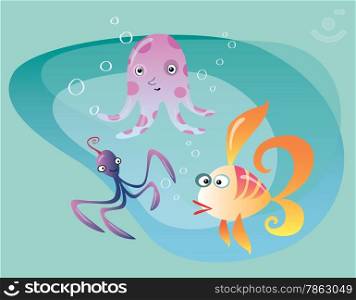 Underwater ocean life cuttlefish, octopus and fish. Bubbles and water