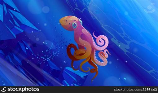 Underwater ocean scene with giant octopus, fish and stones. Vector cartoon illustration of marine animal and school of fish swim in sea. Ocean bottom with orange squid with tentacles and suckers. Underwater ocean scene with giant octopus