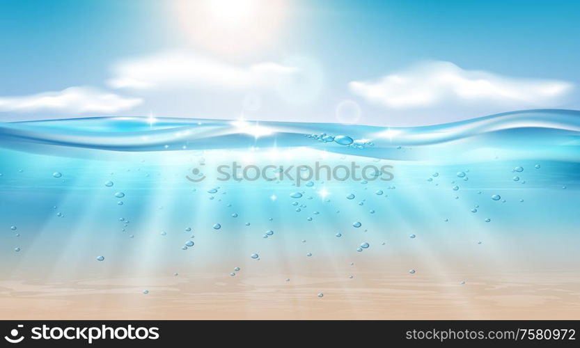 Underwater ocean wave landscape realistic composition with sky and shining sun with water bubbles and vector illustration