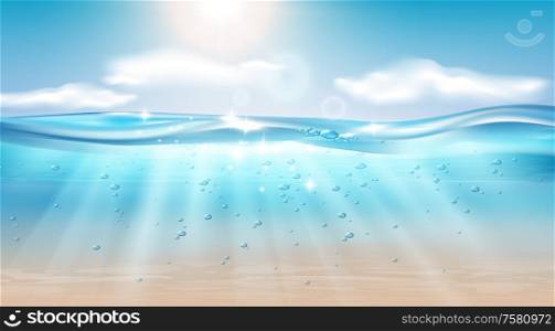 Underwater ocean wave landscape realistic composition with sky and shining sun with water bubbles and vector illustration