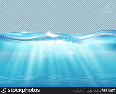 Underwater ocean wave realistic composition with pure water bubbles and sunbeams on transparent background vector illustration