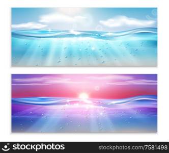 Underwater ocean wave realistic set of two horizontal banners with open sea landscapes with sky and sunbeams vector illustration