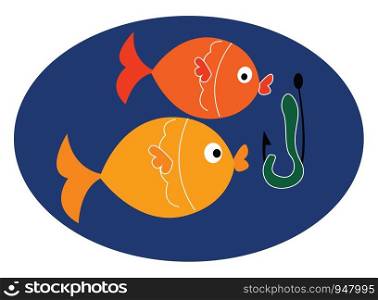 Underwater picture of a two fat fishes nearing the fishing hook , vector, color drawing or illustration.