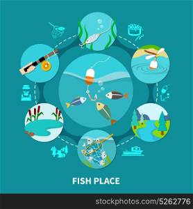 Underwater Piscary Fishing Composition. Fishing composition of round fishing area and gear images connected by dashed lines with silhouette icons vector illustration