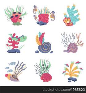 Underwater plants compositions. Cartoon kids sea elements, aquarium seaweeds and shells, corals with fishes, anemones and seahorses, creative colorful decoration vector cartoon hand drawn isolated set. Underwater plants compositions. Cartoon kids sea elements, aquarium seaweeds and shells, corals with fishes, anemones and seahorses, creative colorful decoration, vector cartoon isolated set