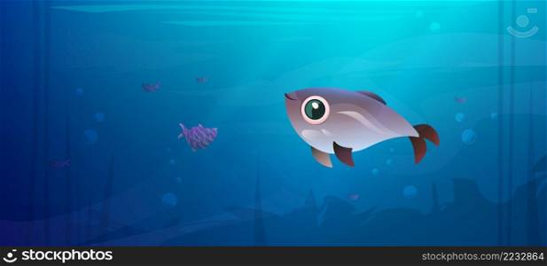 Underwater sea landscape with cute fish and silhouettes of seaweed. Vector cartoon illustration of undersea, aquarium or river with water animals and plants. Underwater sea landscape with cute fish