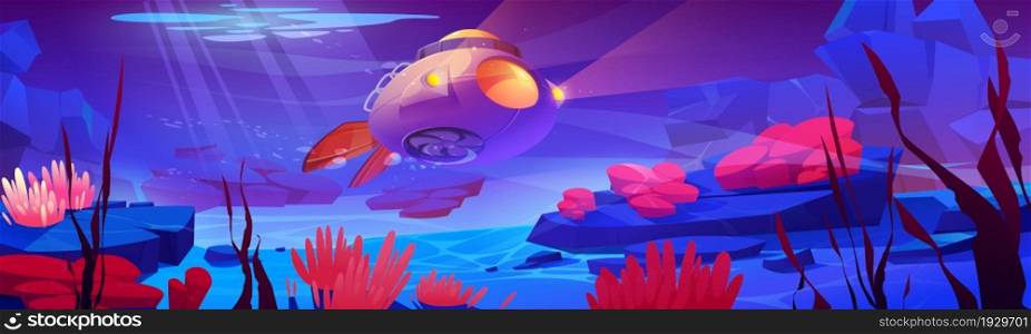 Underwater sea landscape with submarine, aquatic plants and animals. Vector cartoon illustration of ocean bottom with bathyscaphe with propeller and light, seaweed and actinias. Underwater sea landscape with submarine