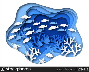 Underwater sea paper cut. Ocean bottom reefs with sea animals, corals and fish, seaweed. Blue seabed paper origami vector background