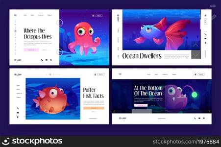 Underwater sea wildlife banners with octopus, puffer fish, angler and betta fish. Vector landing pages of ocean dwellers with cartoon illustration of cute marine animals. Sea wildlife banners with octopus and fish