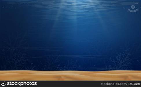Underwater sea with wave in deep blue in island,Bottom of ocean with sun ray shining through underwater creatures,coral reef,Silhouette of coral,Vector horizon marine or sea life for summer background