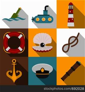 Underwater search icons set. Flat set of 9 underwater search vector icons for web with long shadow. Underwater search icons set, flat style