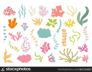 Underwater seaweed collection, corals and algae. Ocean plants, natural aquarium decor elements. Cartoon sea leaves, isolated nowaday vector set of underwater seaweed and coral illustration. Underwater seaweed collection, corals and algae. Ocean plants, natural aquarium decor elements. Cartoon sea leaves, isolated nowaday vector set